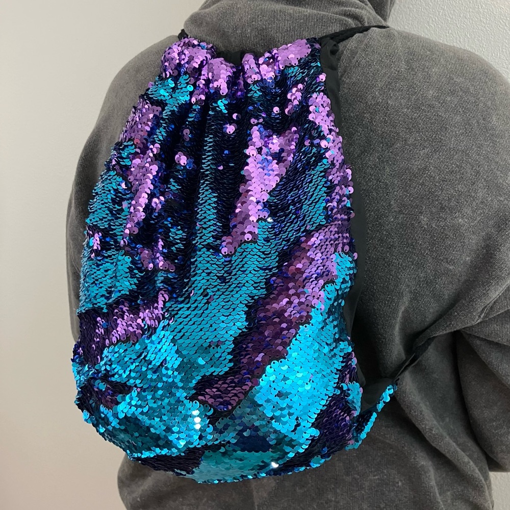 Reversible Sequin Black Fabric Drawstring Backpack - image 2